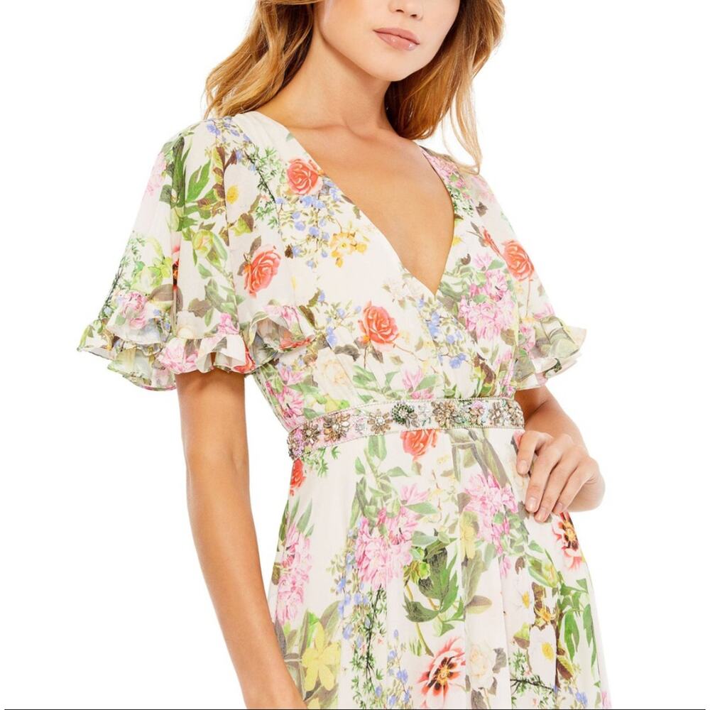 Mac Duggal Floral Print Faux Wrap Flutter Sleeve A-Line Gown Multicolor 12 NWT - Picture 2 of 11